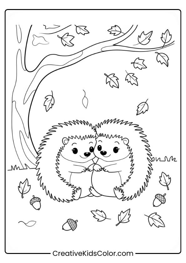 Hedgehogs Snuggling Under An Autumn Tree With Leaves And Acorns, Featured In This Cozy Coloring Page.