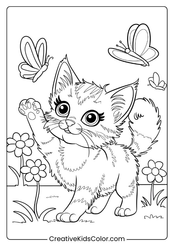 A Playful Kitten Enjoying The Garden, Reaching For Butterflies Among Flowers In This Fun Coloring Page.