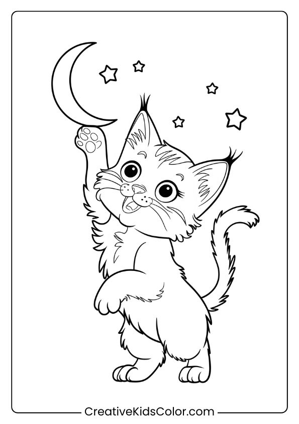 A Playful Kitten Reaching Toward The Moon With Stars, Creating A Dreamy Coloring Page Scene.