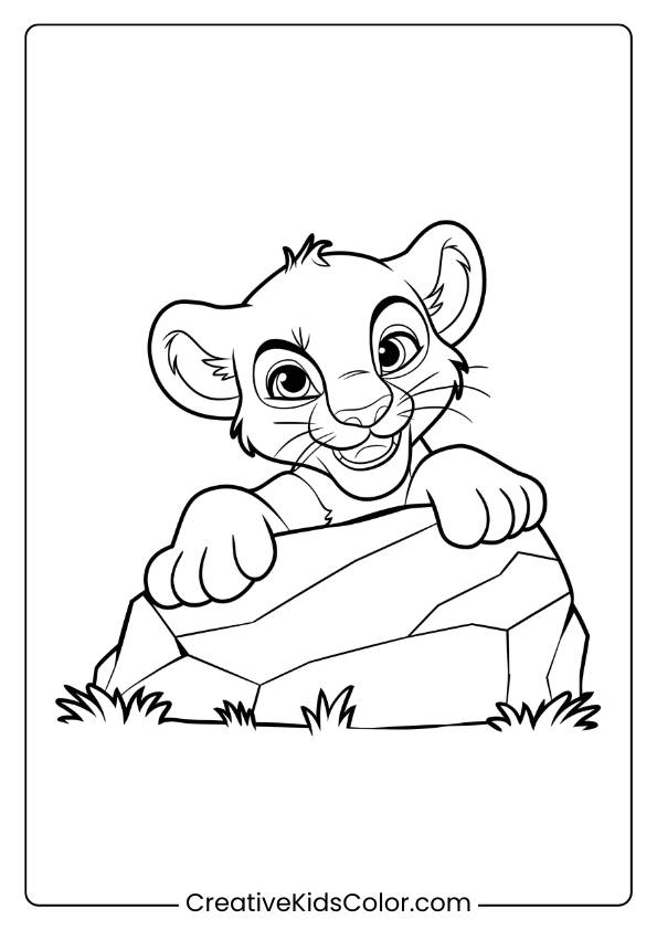 A Cute Lion Cub Hiding Behind A Rock, Perfect For Kids To Color In This Fun And Playful Lion Coloring Page.