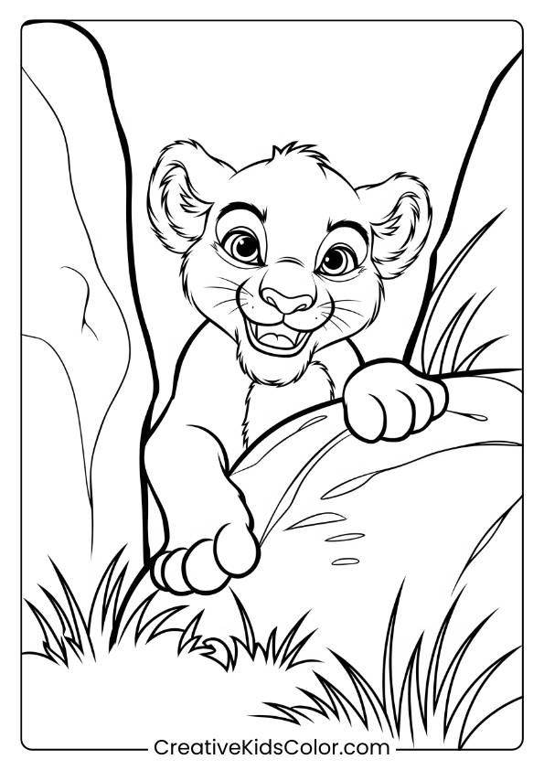 A Curious Lion Cub Playing Hide And Seek Behind A Rock, Perfect For An Engaging Lion Coloring Page For Kids.