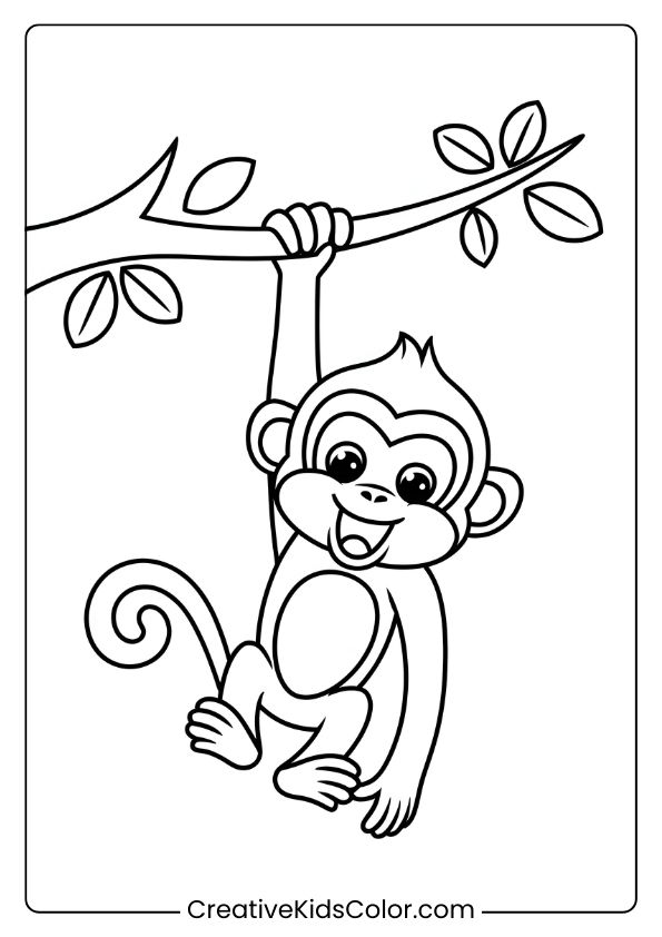 Coloring Page Of A Playful Monkey Dangling From A Branch With Wide Eyes And A Cheerful Expression.