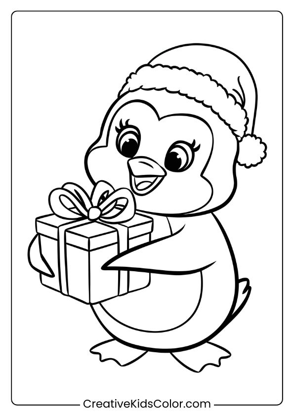 A Penguin Holding A Gift With A Santa Hat, A Festive Holiday Penguin Coloring Page.