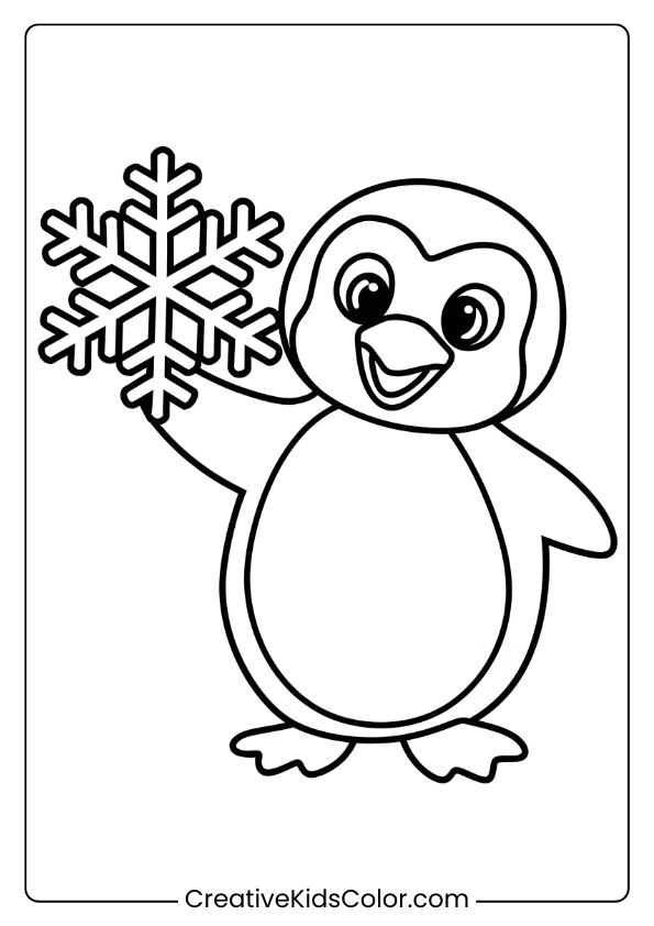 A Penguin With A Snowflake, A Charming Winter-Themed Penguin Coloring Page For Kids.