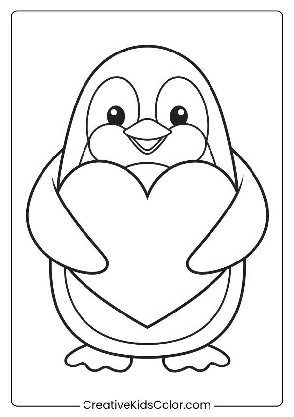 A Penguin Holding A Valentine’s Heart With A Loving Smile, A Charming Penguin Coloring Page For Valentine'S Day.