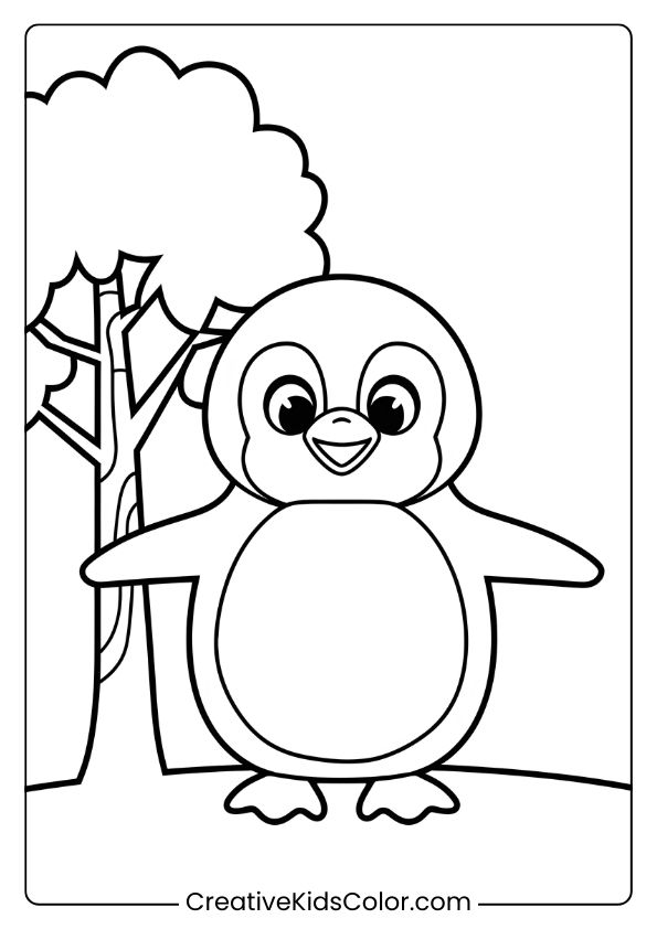 A Penguin Beside A Tree, Perfect For A Simple Nature-Themed Penguin Coloring Page.