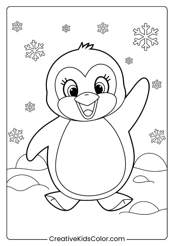 A Penguin Waving In A Snowy Landscape With Scattered Snowflakes, Perfect For A Fun Winter Coloring Page.