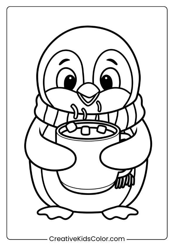 A Penguin With Hot Chocolate, Wearing A Scarf, A Warm And Cozy Winter Coloring Page.