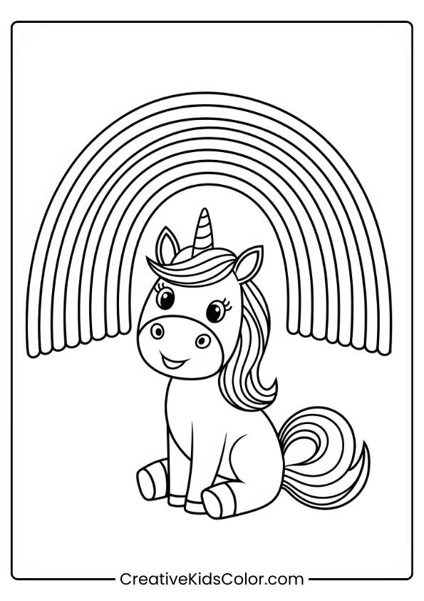 A Cute Unicorn Sits Under A Colorful Rainbow, Ready To Be Brought To Life With Your Crayons In This Fun Coloring Sheet.