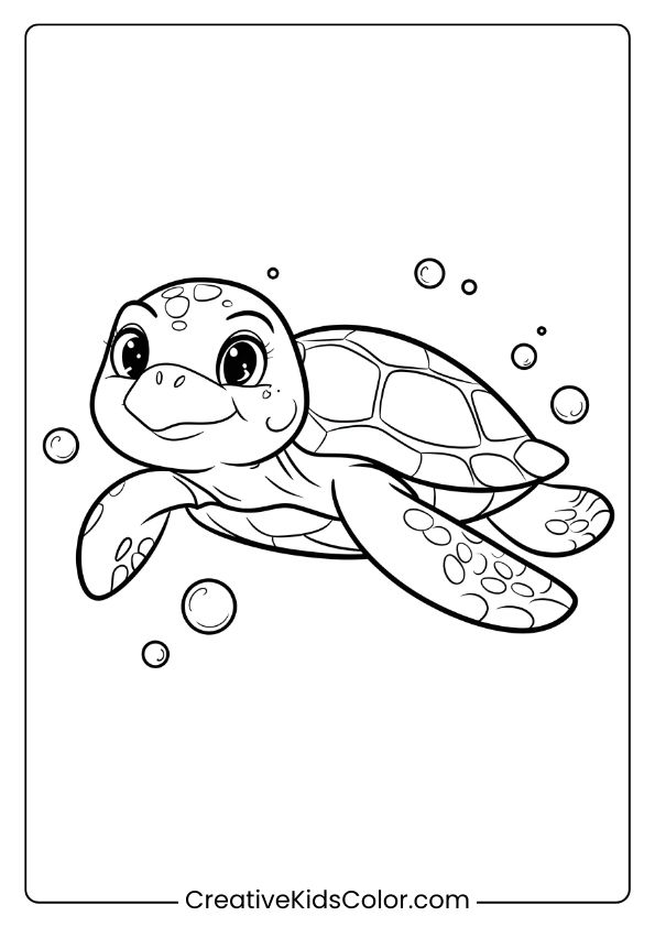 Realistic Turtle Coloring Page, Featuring A Turtle In The Ocean With Bubbles, Perfect For An Underwater Theme.