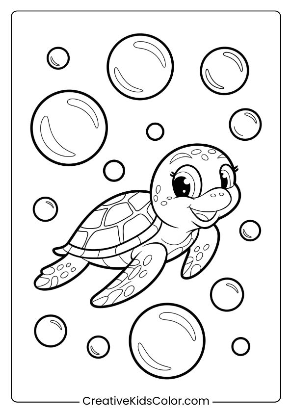 Cute Sea Turtle With Bubbles Coloring Page, Featuring A Cheerful Turtle Swimming Underwater.