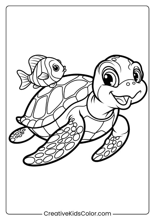 Cute Sea Turtle And Fish Coloring Page, Showcasing The Friendly Bond Between These Two Ocean Creatures.