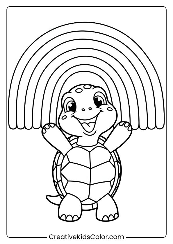 Cute Turtle With A Rainbow Coloring Page, Featuring A Happy Turtle Celebrating Under Bright Colors.