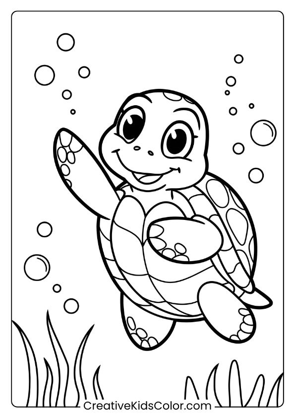 Cute Turtle Underwater, Waving With Bubbles And Aquatic Plants; Perfect For An Underwater-Themed Coloring Page.
