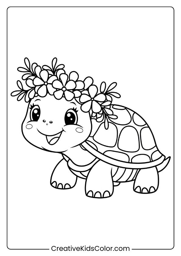 Cute Turtle With A Flower Crown Coloring Page, Featuring A Cheerful Turtle With Nature-Inspired Details.