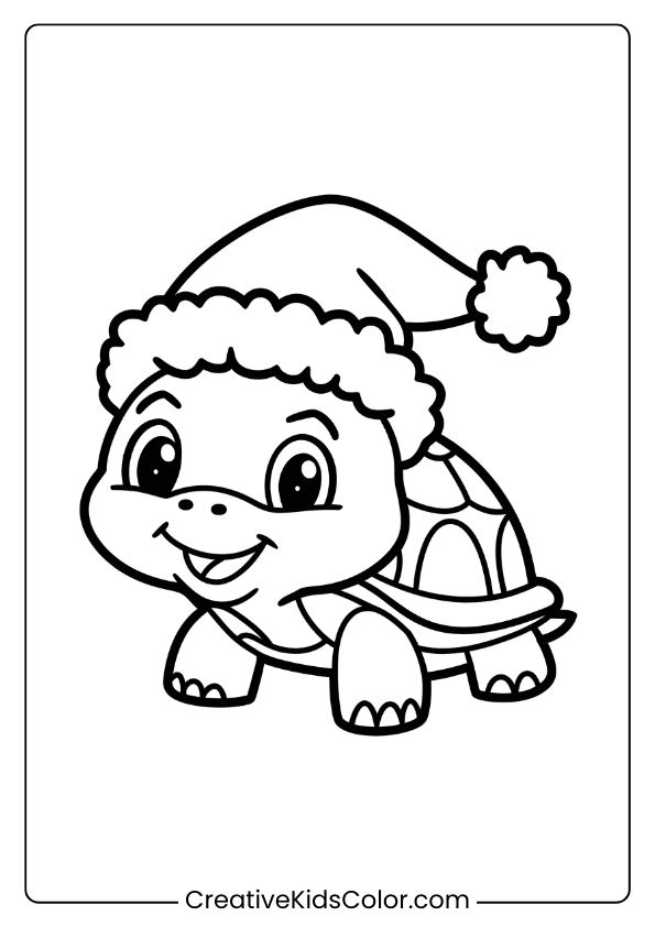 Cute Turtle In A Holiday Hat, Designed As A Simple, Festive Coloring Page With Cheerful Expressions.