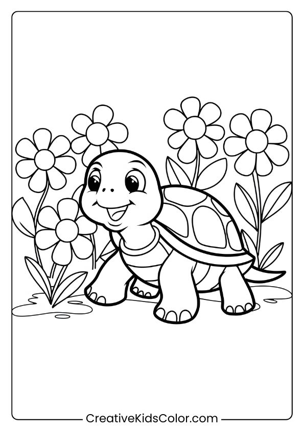 Turtle In A Flower Garden Coloring Page, Featuring A Cheerful Turtle And A Vibrant Floral Background.