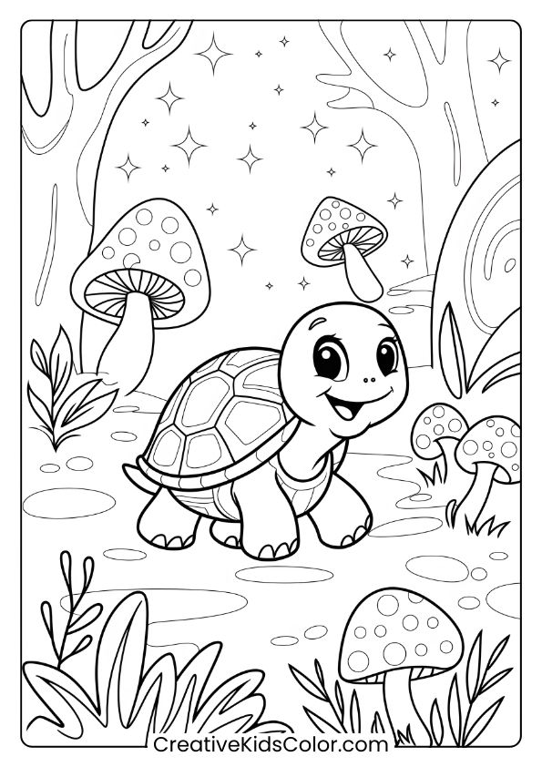 Cute Turtle In A Forest Coloring Page, With A Whimsical Landscape Of Stars And Lush Surroundings.