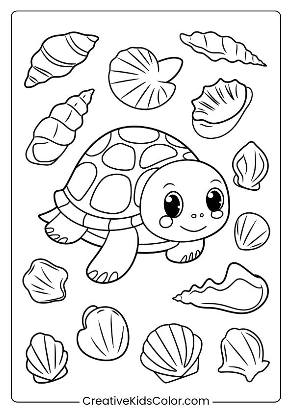 Cute Turtle And Seashells Coloring Page, Capturing A Delightful Underwater Scene With Shells.