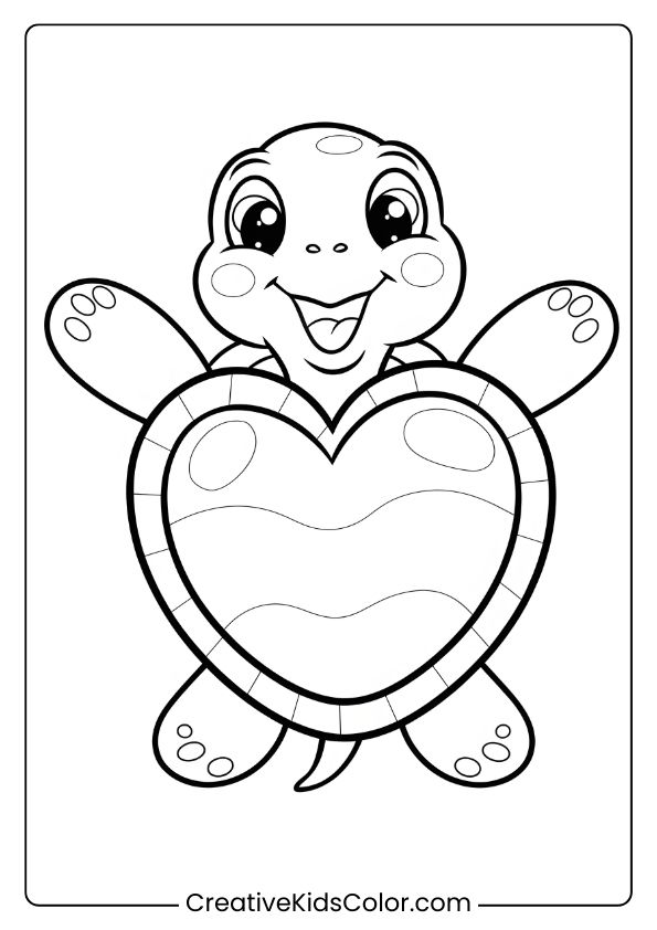 Turtle With Heart Shell Coloring Page, Featuring A Whimsical Turtle With A Unique Shell Design.