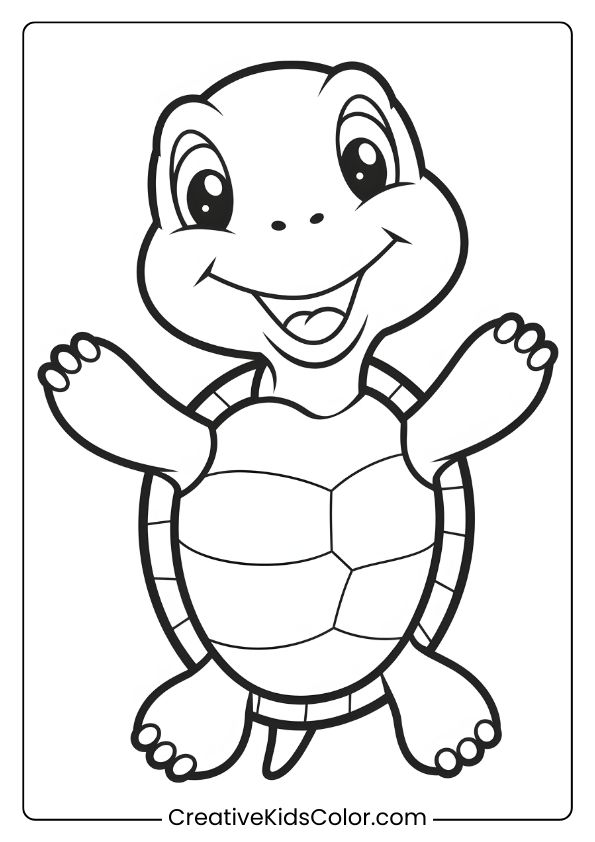 Cute Turtle Coloring Page Featuring A Smiling Turtle With A Segmented Shell And Outstretched Limbs.