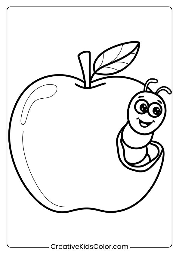 Coloring Page Of A Big Apple With A Worm Peeking Out, Perfect For Fun And Imaginative Coloring.