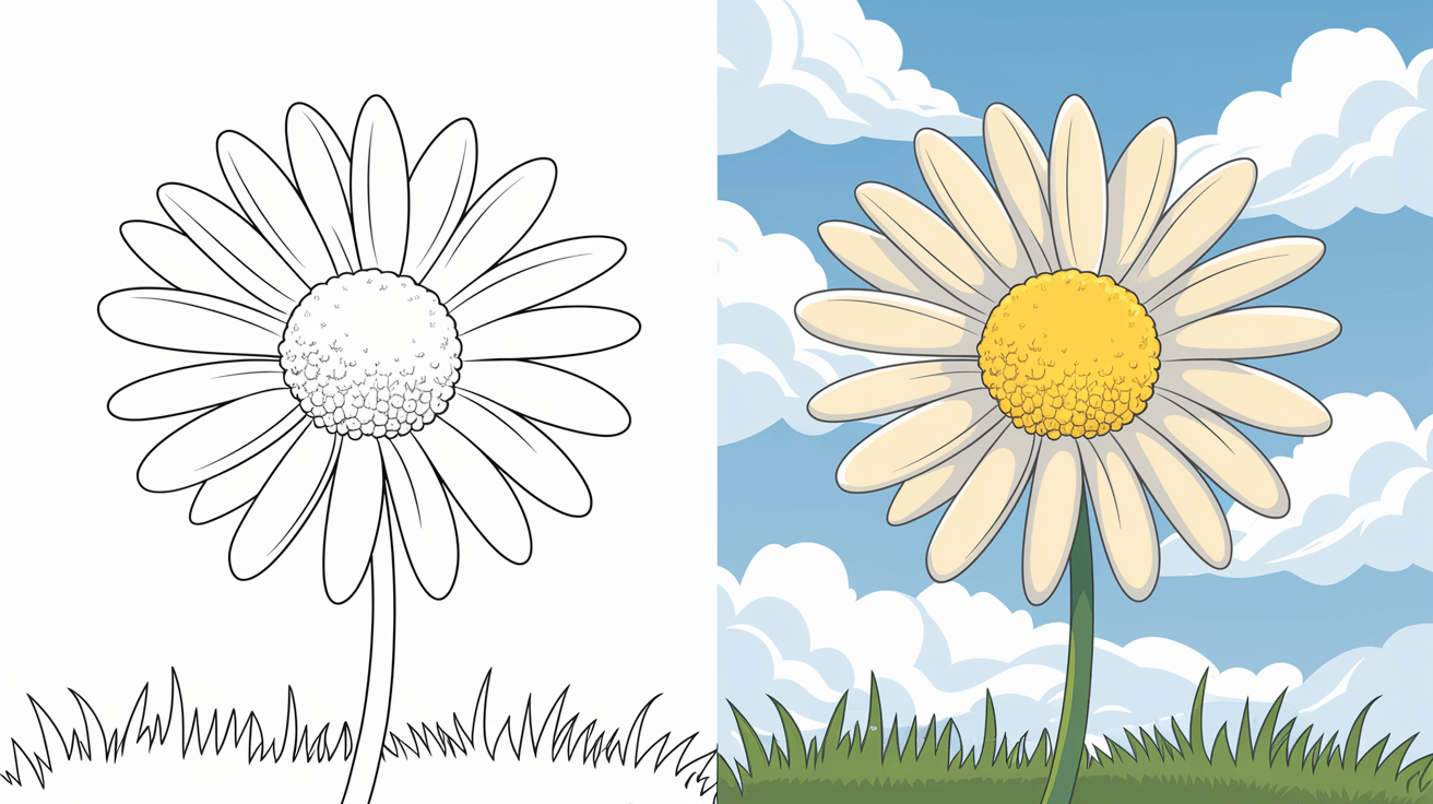 Coloring Page Cover Of A Daisy, Left Side Uncolored, Right Side With Vibrant Petals And A Blue Sky.