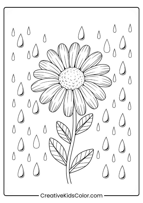 A daisy standing tall with raindrops falling around, creating a peaceful and calming scene.