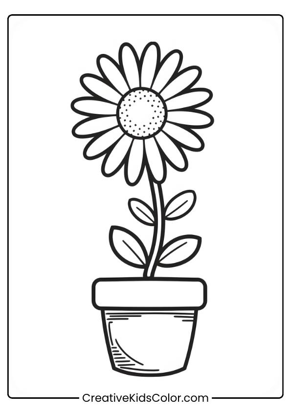 A Daisy Growing In A Simple Flower Pot, Offering A Fun Opportunity To Color Both The Plant And Pot.