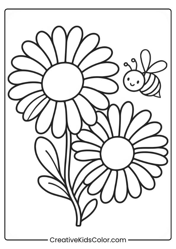 Two Daisies With A Cute Bee Flying Nearby, Adding A Lively Element To The Scene.