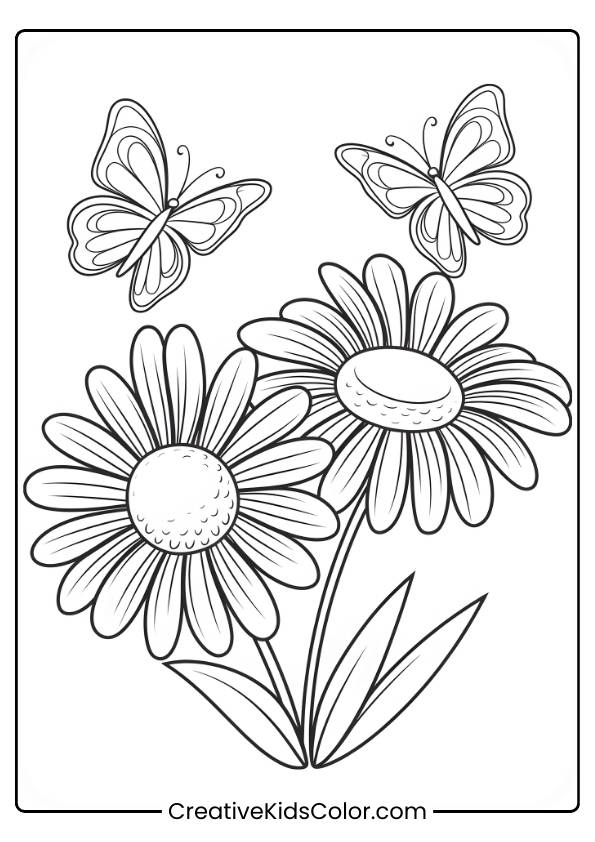 Two Daisies With Intricate Details And Butterflies Flying Above, Offering A Dynamic And Engaging Scene.