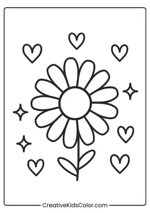 A Simple Daisy Surrounded By Hearts And Stars, Providing A Minimalist And Calming Coloring Experience.