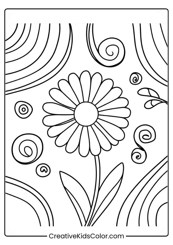 A Detailed Daisy Surrounded By Swirling Patterns, Creating A Dynamic And Flowing Design For Coloring.