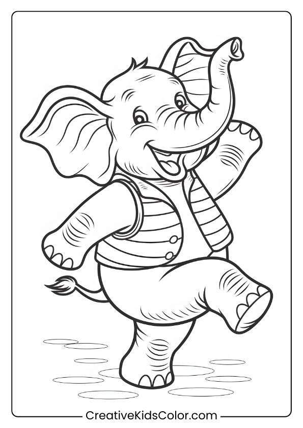 Coloring Page Of A Dancing And Joyful Elephant.