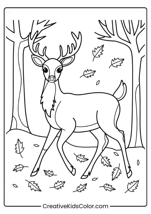 This Coloring Page Shows A Deer Walking Through A Forest Of Fall Leaves.