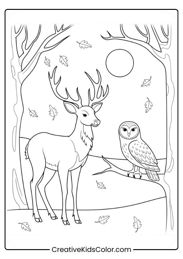 A Deer And Owl Watching The Moonrise In A Fall Forest In This Autumn-Themed Coloring Page.