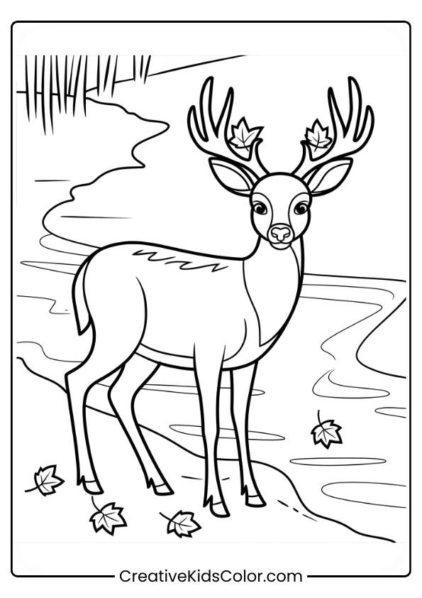 A Deer With Fall Leaves In Its Antlers Stands By A River In This Autumn Coloring Page.