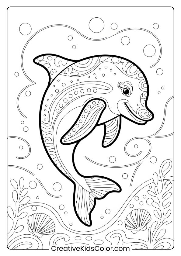 A Detailed Dolphin In An Enchanted Sea, Ideal For An Artistic And Intricate Coloring Page.
