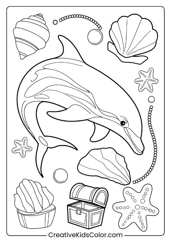 A Detailed Dolphin With Seashells, Starfish, And Treasures, Ideal For A Creative Coloring Page.