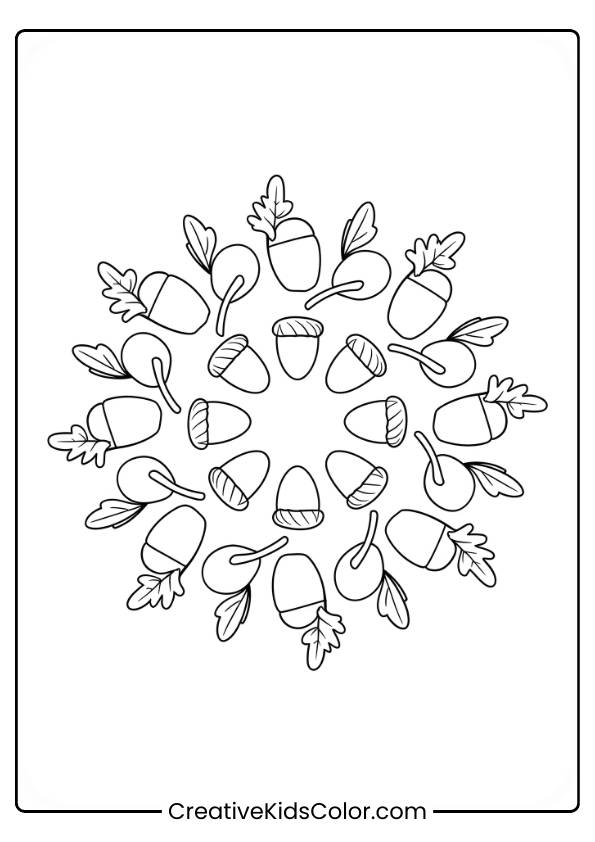 A Detailed Fall Mandala Featuring Acorns And Mushrooms In This Coloring Page.