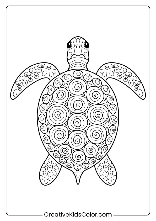 Spiral-Patterned Sea Turtle Coloring Page, Offering Intricate Details Ideal For Coloring Enthusiasts.
