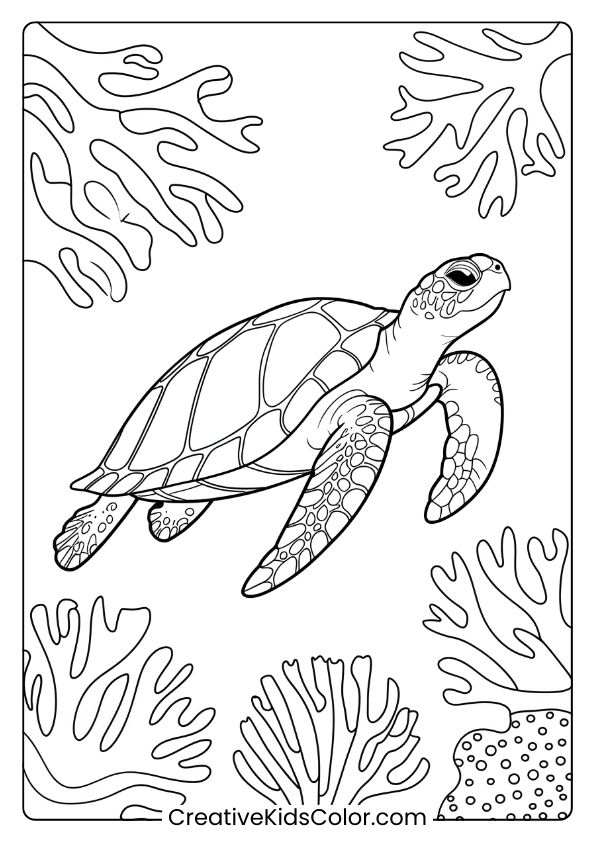 Turtle Coloring Page With Coral Reefs, Focusing On Intricate Details Of Both The Turtle And Underwater Scenery.