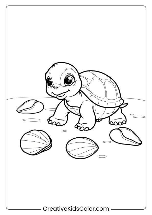 Turtle With An Ocean Background Coloring Page, Emphasizing Aquatic Details In A Serene Setting.