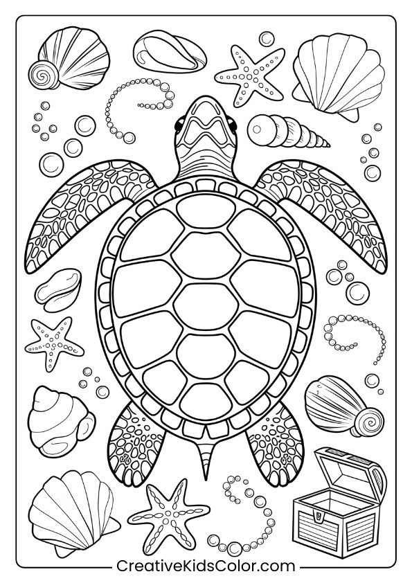 Detailed Turtle With Ocean Treasures Coloring Page, Featuring Starfish, Pearls, And Coral.