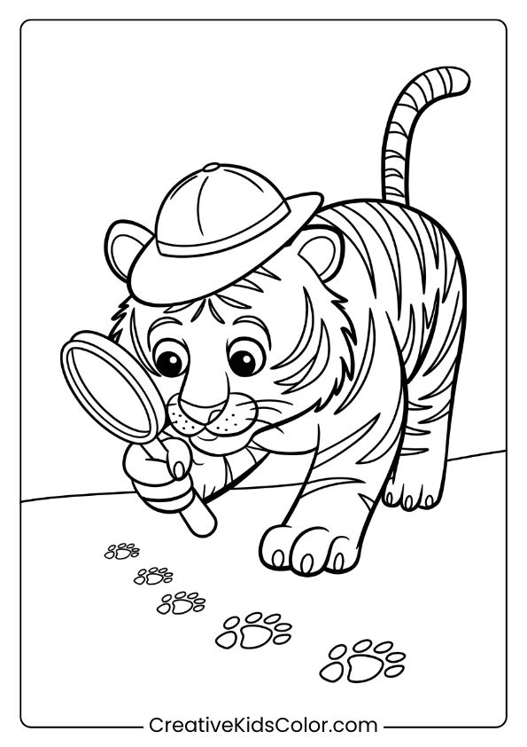 Detective Tiger Coloring Page Showing A Curious Tiger Studying Paw Prints With A Magnifying Glass.