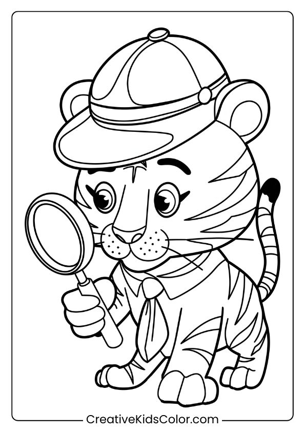 Detective Tiger Coloring Page With A Tiger In A Hat, Examining Clues With A Magnifying Glass.
