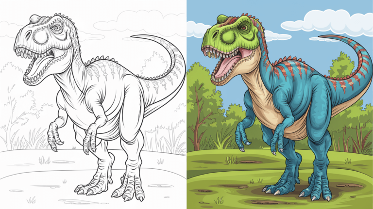Coloring Page Cover Of A T-Rex, Left Side Uncolored, Right Side Fully Colored In A Prehistoric Scene.