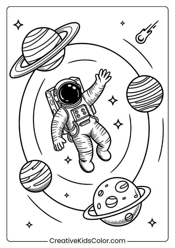 Coloring Page Of An Astronaut Exploring Planets And Stars In The Solar System, Perfect For Space-Themed Creativity.