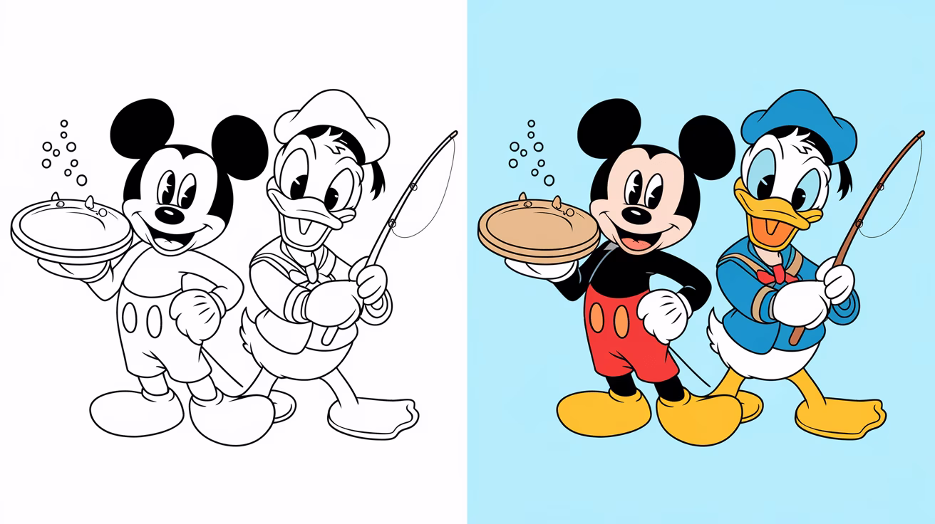 Coloring Page Cover With Mickey And Donald, Left Side In Black And White, Right Side Fully Colored.