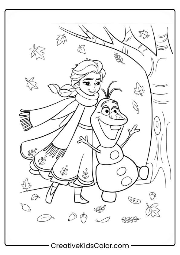 Elsa And Olaf Enjoying A Chilly Fall Day With Autumn Leaves, Shown In This Disney Coloring Page.